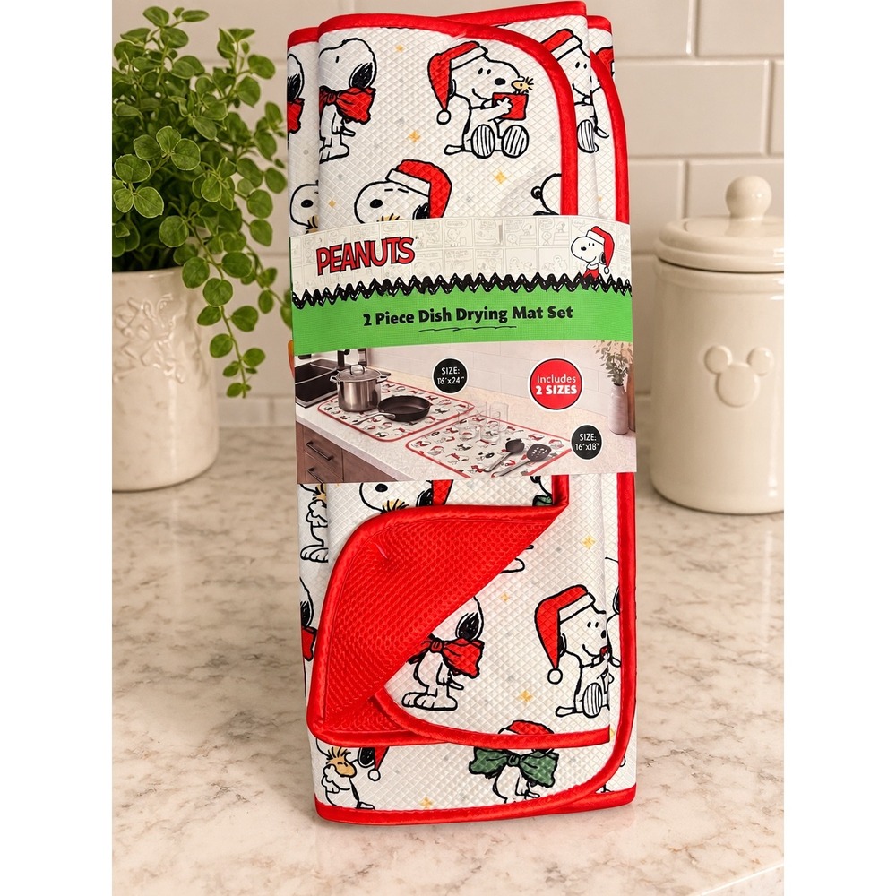 Peanuts Snoopy Christmas 2 Piece Dish Drying Mat Set Holiday Kitchen Red White